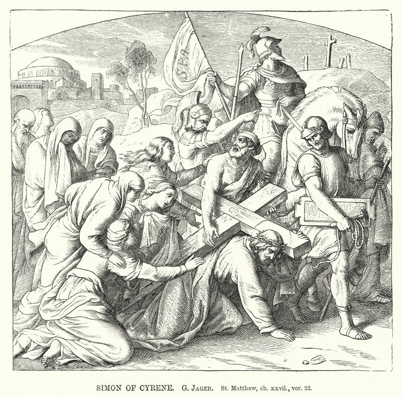 Simon af Kyrene, St. Matthæus, kap xxvii, ver 32 (gravering) af Gustav Jager
