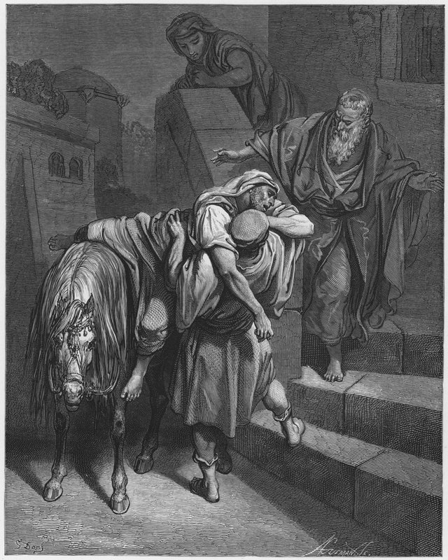 Gustave Dore Bibelen: Den barmhjertige samaritaners ankomst til kroen af Gustave Dore