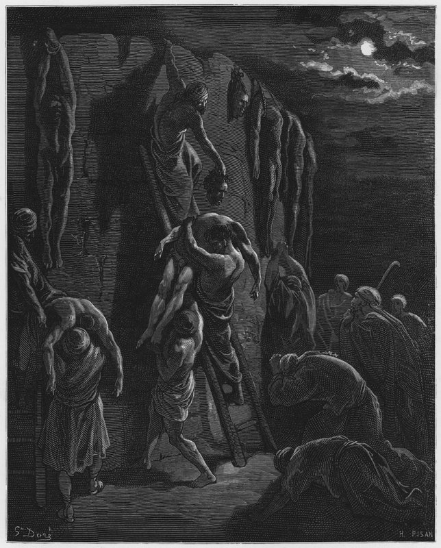 Gustave Dore Bible: Indbyggerne i Jabesh-Gilead genvinder ligene af Saulus og hans sønner af Gustave Dore