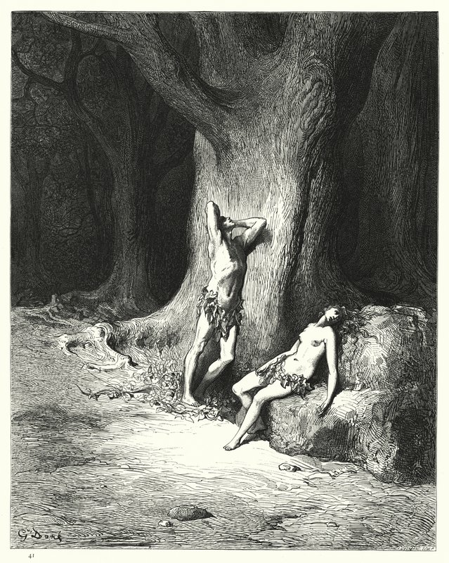 Illustration af Gustave Dore til Miltons Paradise Lost, bog IX, linje 1121-1123 af Gustave Dore