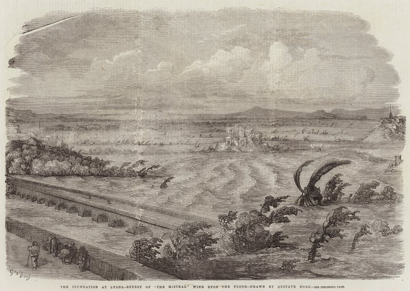 Oversvømmelsen ved Lyons, virkningen af mistralvinden på syndfloden af Gustave Dore