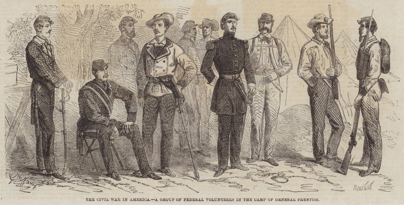 Borgerkrigen i Amerika, en gruppe føderale frivillige i general Prentiss lejr af Gustave Janet