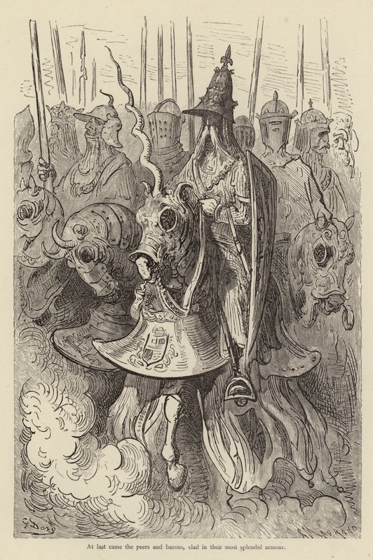 Til sidst kom jævnaldrende og baroner, iklædt deres fornemste rustninger af Gustave after Dore