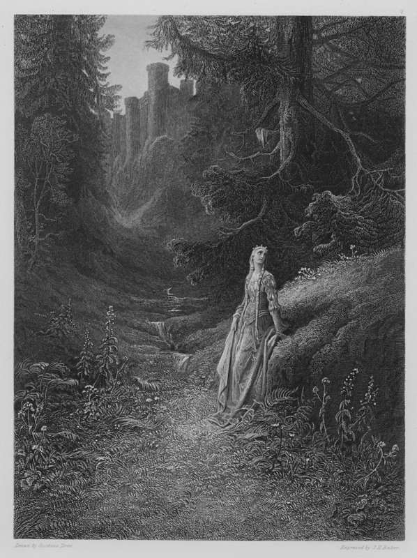 Elaine på vej til Lancelot-hulen af Gustave after Dore