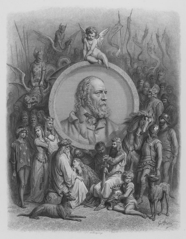 Frontispice, Portræt af Tennyson og Karakterer fra Idyllerne af Gustave after Dore