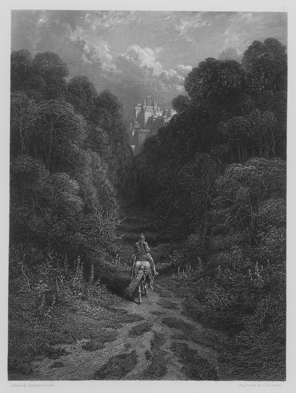 Lancelot nærmer sig slottet Astolat af Gustave after Dore
