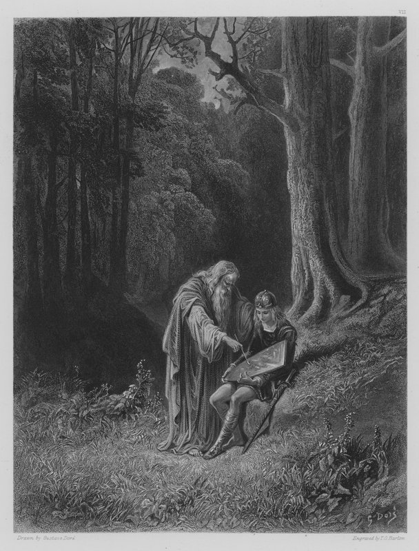 Merlin maler Young Knights Shield af Gustave after Dore