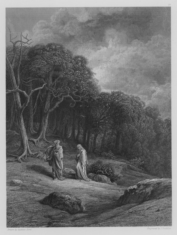 Vivien og Merlin går ind i skoven af Gustave after Dore