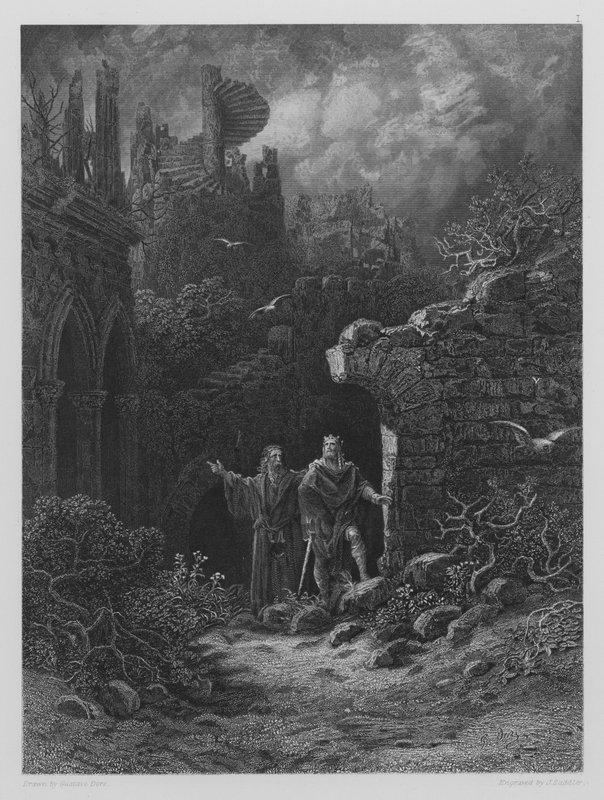 Yniol viser Prins Geraint hans ødelagte slot af Gustave after Dore