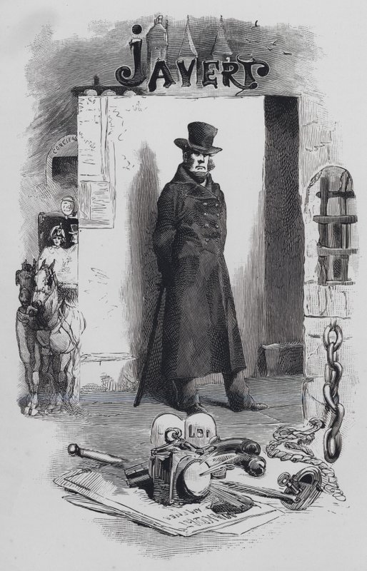 Scene fra Les Miserables, af Victor Hugo: Javert, detektiven (gravering) af Gustave (after) Brion