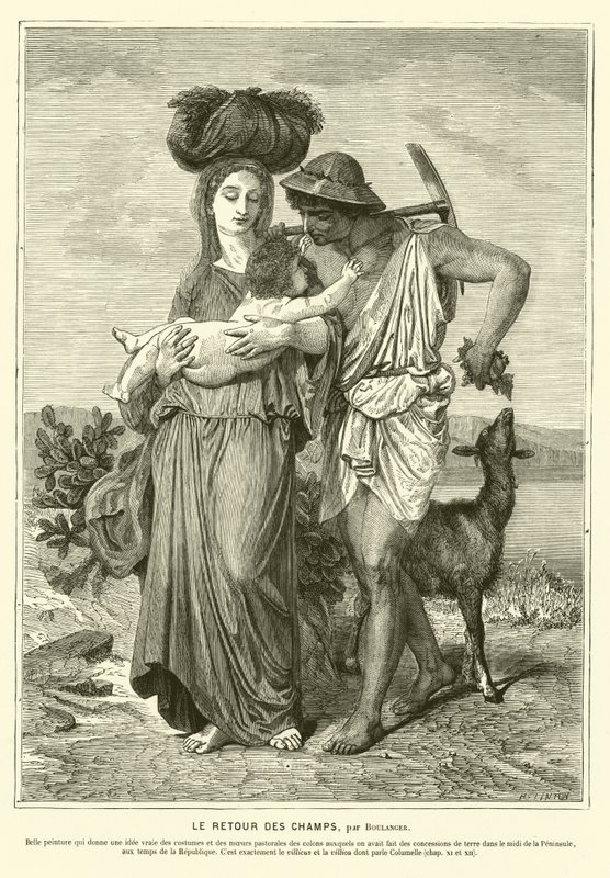 Gamle romerske bønder vender hjem efter en dag i markerne (gravering) af Gustave Clarence Rodolphe Boulanger
