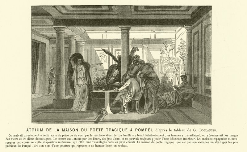Atrium i det gamle romerske hus for den tragiske digter, Pompeji (gravering) af Gustave Clarence Rodolphe Boulanger