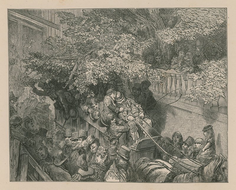 En overfyldt hestetrukket træner af Gustave Dore