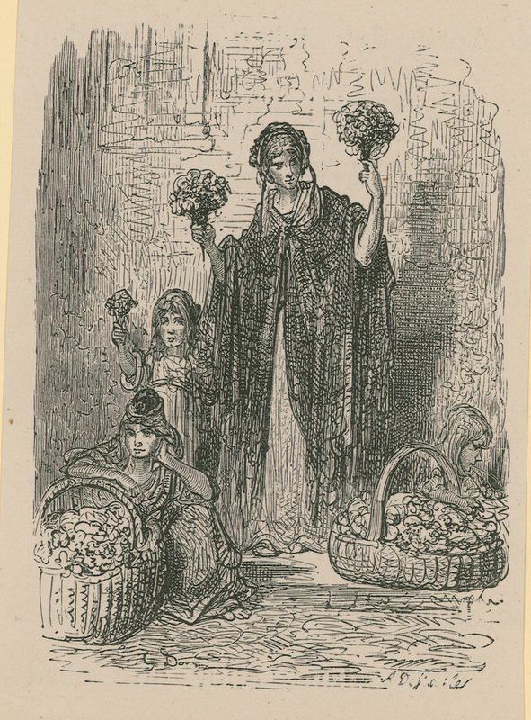 En gruppe unge kvinder sælger blomster fra kurve af Gustave Dore