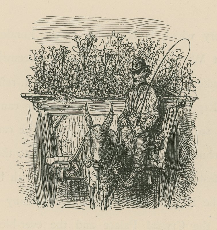 En mand kører i en vogn fyldt med planter og blomster af Gustave Dore