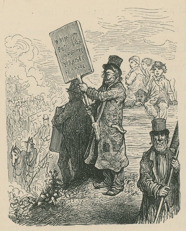 En mand med et plakat ved en protest af Gustave Dore