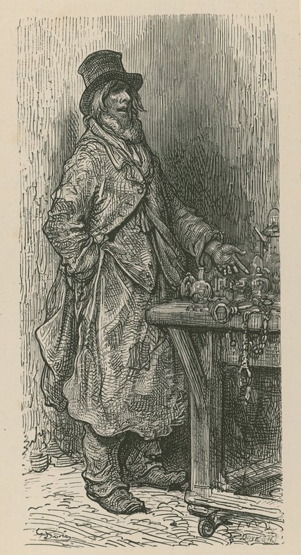 En mand står og sælger sine varer fra en markedsbod af Gustave Dore