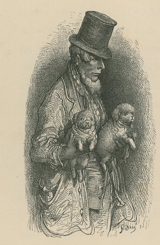 En mand iført høj hat, mens han holder to hunde i hænderne af Gustave Dore