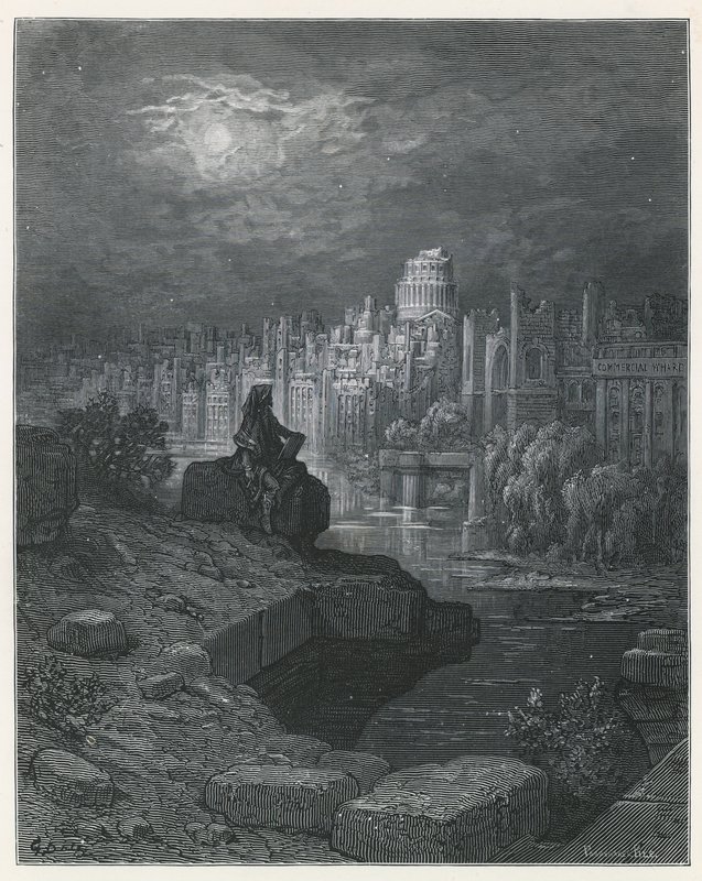 En rejsende fra New Zealand, der overvejer ruinerne af London af Gustave Dore