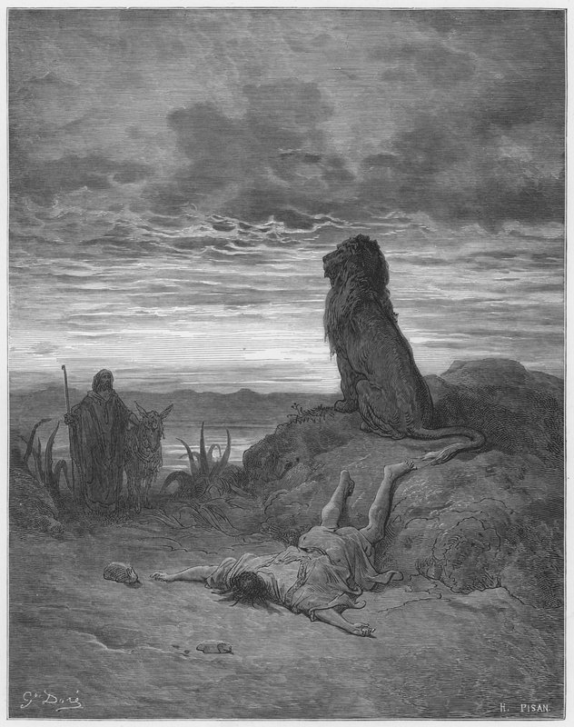 Gustave Dore Bibelen: Den ulydige profet dræbt af en løve af Gustave Dore