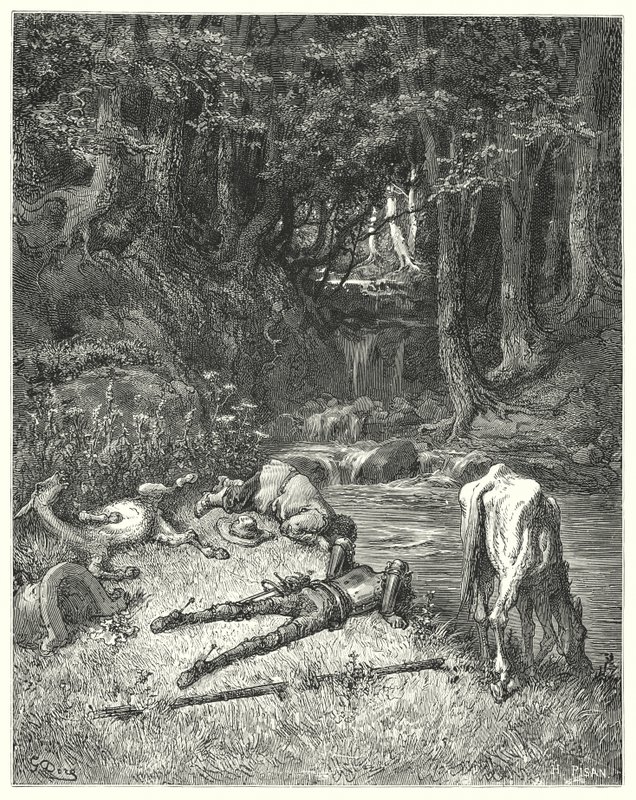 Gustave Dores Don Quixote: "En eng, vandet med en å, inviterede dem til at stige af" (gravering) af Gustave Dore