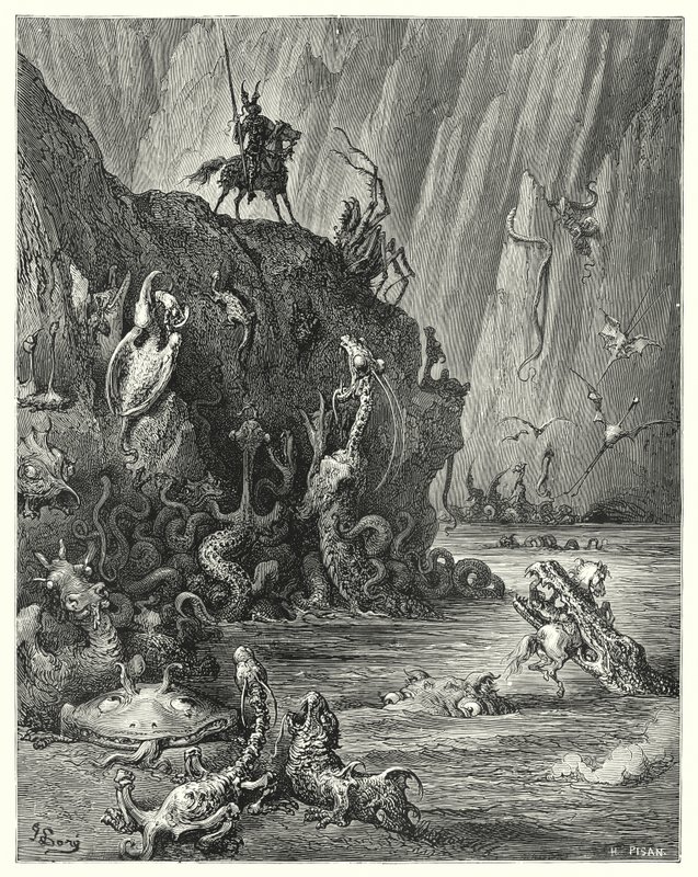 Gustave Dores Don Quixote: "En stor sø af kogende beg, hvori et uendeligt væld af voldsomme og forfærdelige skabninger bevæger sig frem og tilbage" (gravering) af Gustave Dore