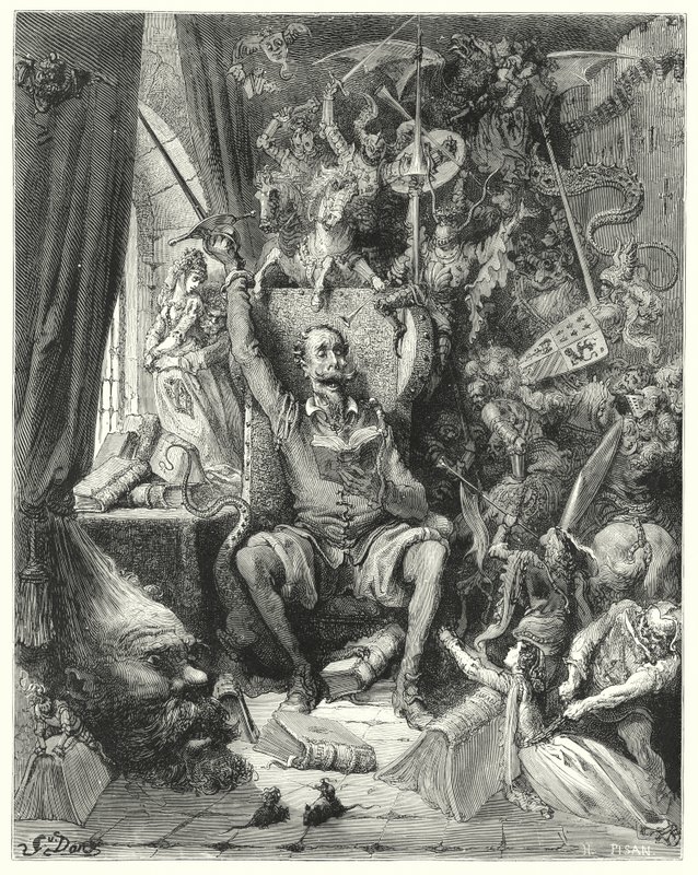 Gustave Dores Don Quixote: "En verden af uordnede forestillinger, plukket ud af hans bøger, trængt ind i hans fantasi" (gravering) af Gustave Dore