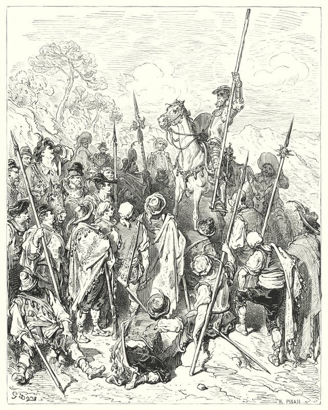 Gustave Dores Don Quixote: "I henhold til våbenlovene skader du virkelig dig selv ved at tænke dig selv krænket" (gravering) af Gustave Dore