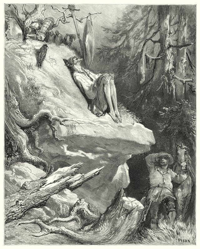 Gustave Dores Don Quixote: "Ak!" svarede Sancho: "Jeg fandt ham i sin skjorte, mager, bleg og næsten udsultet og sukkede efter sin Lady Dulcinea" (gravering) af Gustave Dore