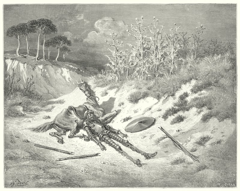 Gustave Dores Don Quijote: "Ak! hvor er du, kære frue, at du for min ve ikke jamrer?" (gravering) af Gustave Dore