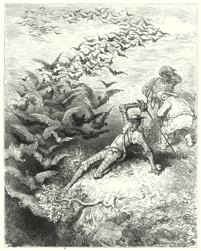 Gustave Dores Don Quixote: "Et uendeligt antal forvoksede krager og daws kom farende og flagrende ud af hulen" (gravering) af Gustave Dore