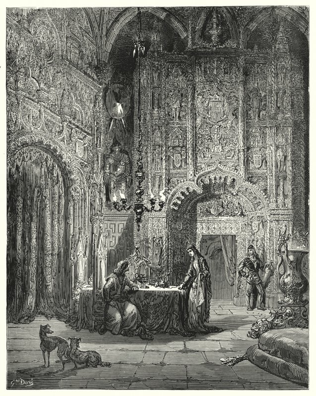 Gustave Dores Don Quixote: "En anden pige kommer ind i rummet og begynder at fortælle ham, hvilket slot det er, og hvordan hun er fortryllet i det" (gravering) af Gustave Dore