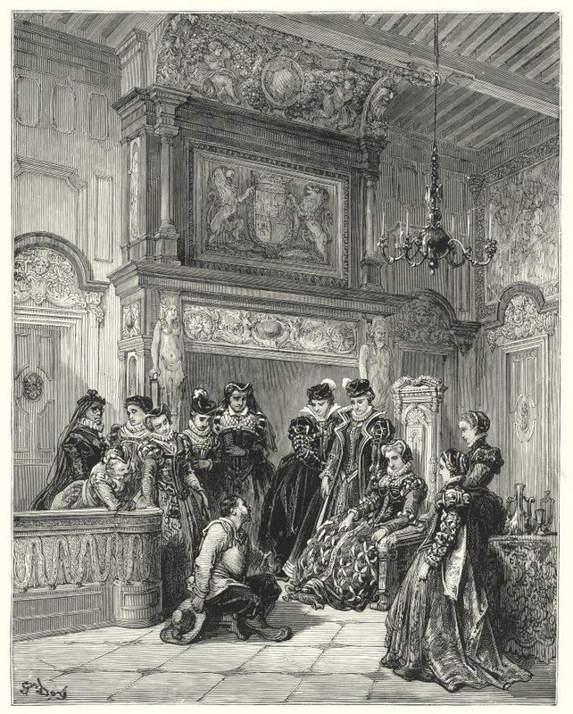 Gustave Dores Don Quixote: "På hertugindens anmodning fortalte han meget trofast hele passagen af den sene foregivne fortryllelse" (gravering) af Gustave Dore
