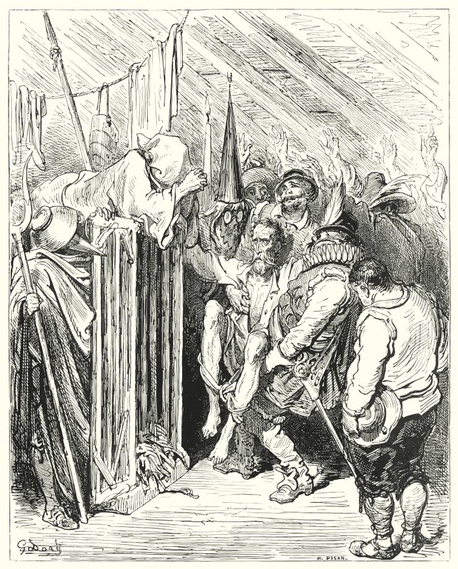 Gustave Dores Don Quixote: "Vær ikke utålmodig, O Ridder af den Woful Figur, ved din fængsling" (gravering) af Gustave Dore