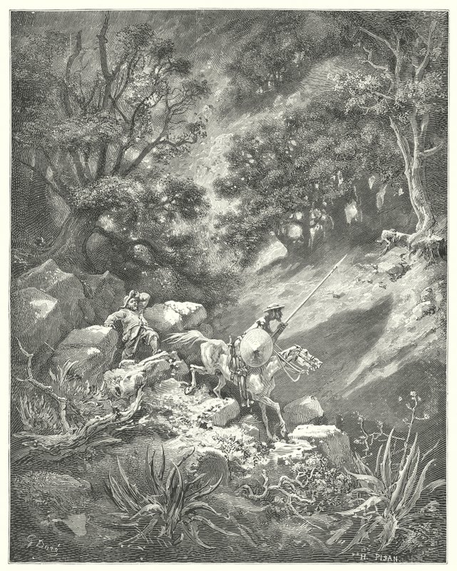 Gustave Dores Don Quixote: "Men bed, sir," citerer Sancho, "er det en god lov om ridderlighed, der siger, at vi skal vandre op og ned, over buske og tårne, i denne klippefyldte ørken?" (gravering) af Gustave Dore