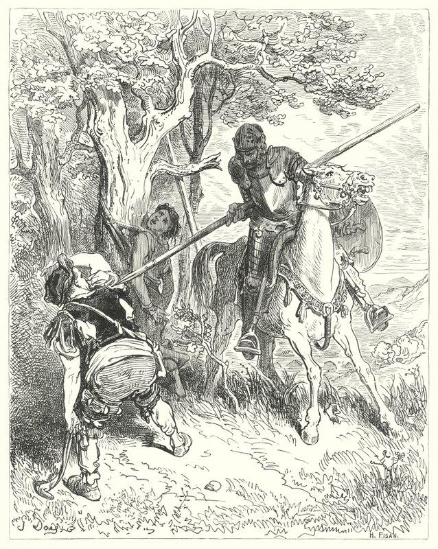 Gustave Dores Don Quixote: "Ved solen, der skinner, har jeg et godt sind til at køre dig gennem kroppen med min lanse" (gravering) af Gustave Dore