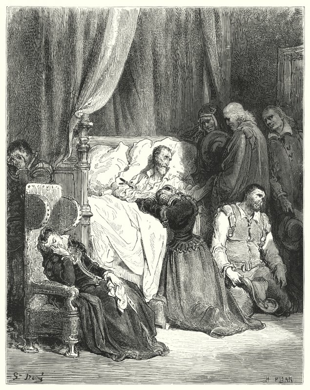 Gustave Dores Don Quixote: Don Quixotes død (gravering) af Gustave Dore