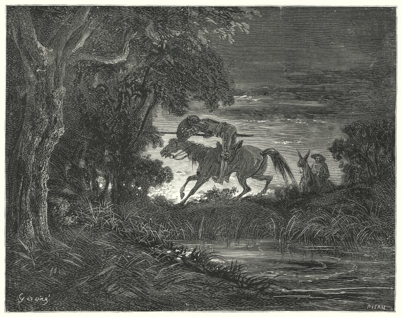 Gustave Dores Don Quixote: "Don Quixote, ledsaget af sit frygtløse hjerte, sprang over Rozinante" (gravering) af Gustave Dore