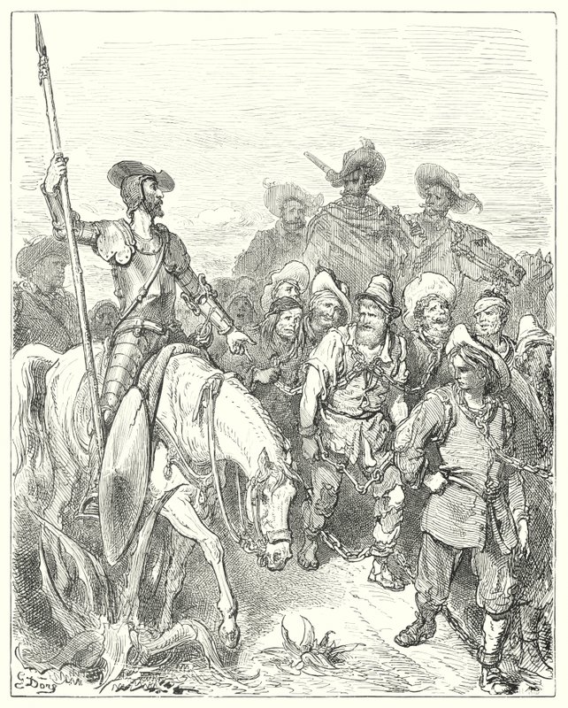 Gustave Dores Don Quixote: "Don Quixote spurgte den første om hvilke forbrydelser han var under disse elendige omstændigheder" (gravering) af Gustave Dore