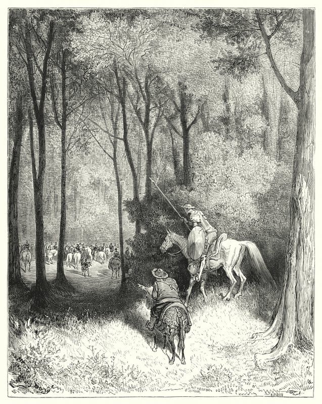 Gustave Dores Don Quijote: "Don Quixote beskrev et selskab, som han, ved et nærmere syn, vurderede at være personer af kvalitet" (gravering) af Gustave Dore