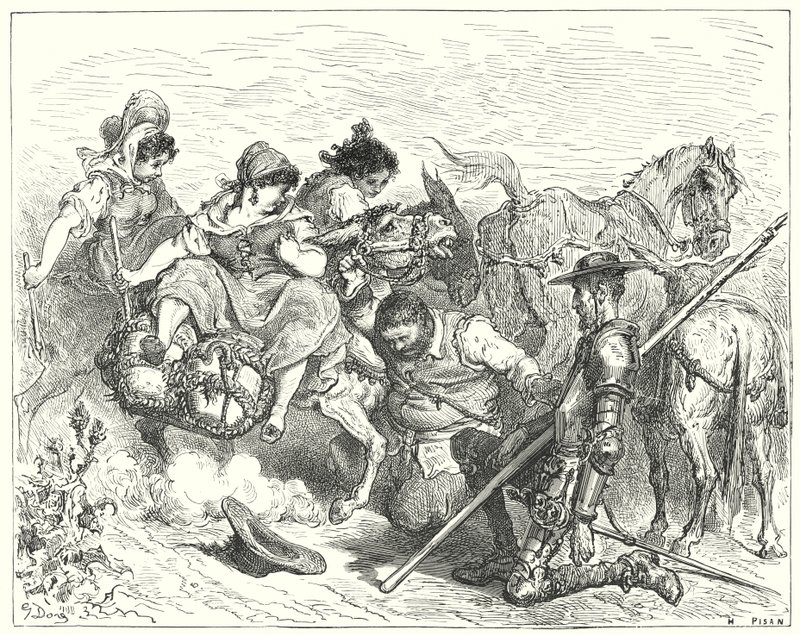 Gustave Dores Don Quixote: "Don Quixote stirrede med tvivlsomme og trøstesløse øjne på det væsen, som Sancho kaldte dronning og dame" (gravering) af Gustave Dore