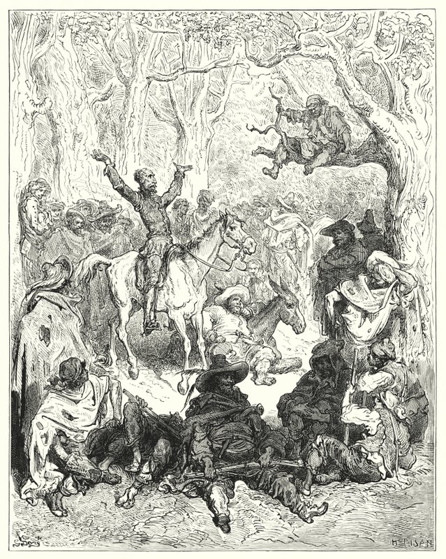 Gustave Dores Don Quijote: "Don Quixote, monteret på Rozinante, erklærer meget rigeligt imod deres måde at leve på" (gravering) af Gustave Dore