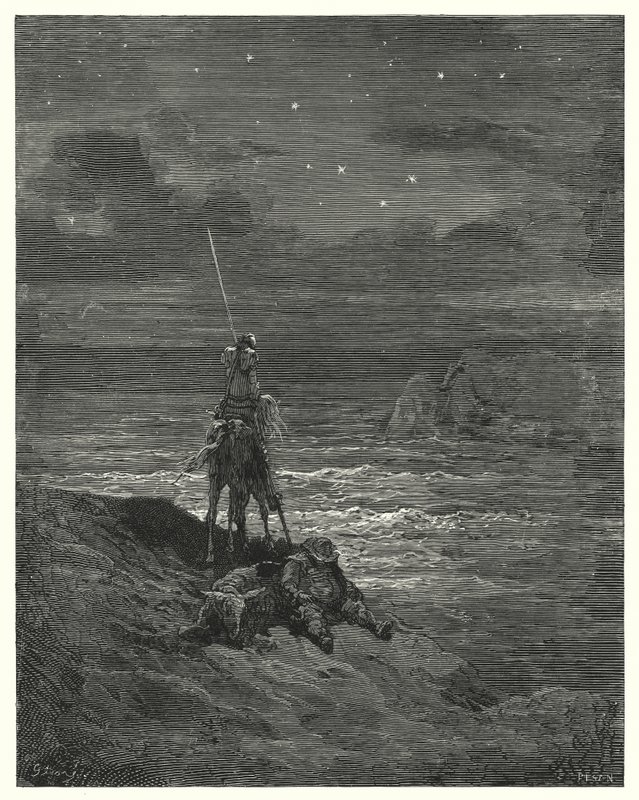 Gustave Dores Don Quixote: "Don Quixote blev der og ventede på, at dagen nærmede sig" (gravering) af Gustave Dore