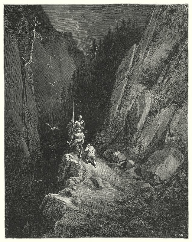 Gustave Dores Don Quixote: "Don Quixote blev transporteret med glæde for at finde sig selv, hvor han kunne smigre sin ambition med håbet om nye eventyr" (gravering) af Gustave Dore