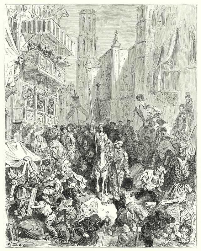 Gustave Dores Don Quixote: "Ved at omslutte ham i midten af deres brigade førte de ham mod byen" (gravering) af Gustave Dore