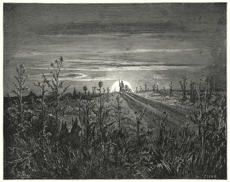 Gustave Dores Don Quixote: "Ven Sancho," sagde Don Quixote, "jeg finder ud af, at den kommende nat vil overhale os, før vi kan nå Toboso" (gravering) af Gustave Dore