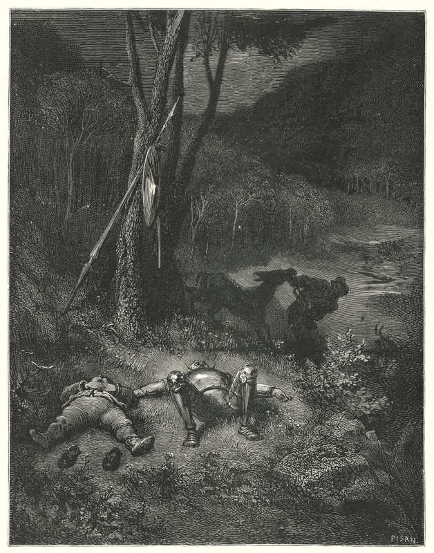 Gustave Dores Don Quixote: "Gines, som var fremmed for både taknemmelighed og menneskelighed, besluttede at ride væk med Sanchos røv" (gravering) af Gustave Dore