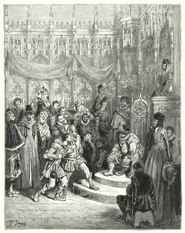 Gustave Dores Don Quixote: "Guvernør Sancho Panza administrerer retfærdighed" (gravering) af Gustave Dore