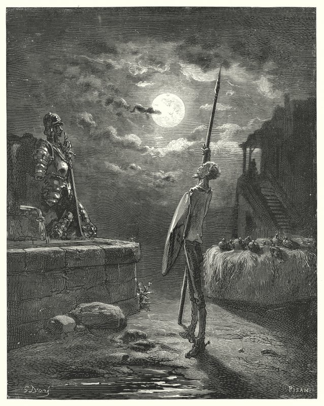 Gustave Dores Don Quixote: "Han begyndte at gå rundt ved hestetruget med en yndefuld opførsel" (gravering) af Gustave Dore