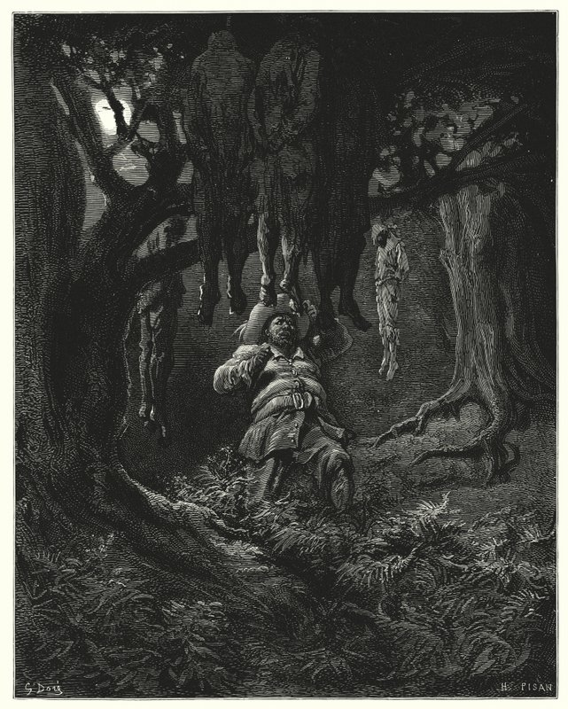Gustave Dores Don Quixote: "Han råbte til Don Quixote om hjælp" (gravering) af Gustave Dore